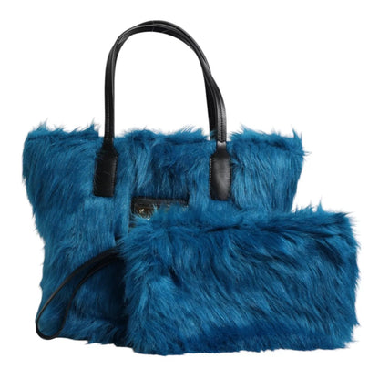 Blue Fur Logo Plaque Double Handle Shoulder Bag Dolce & Gabbana